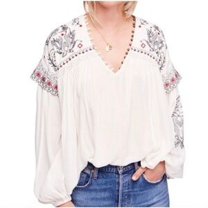Free People Rock It Tonight Embroidered Boho Peasant Blouse Size S